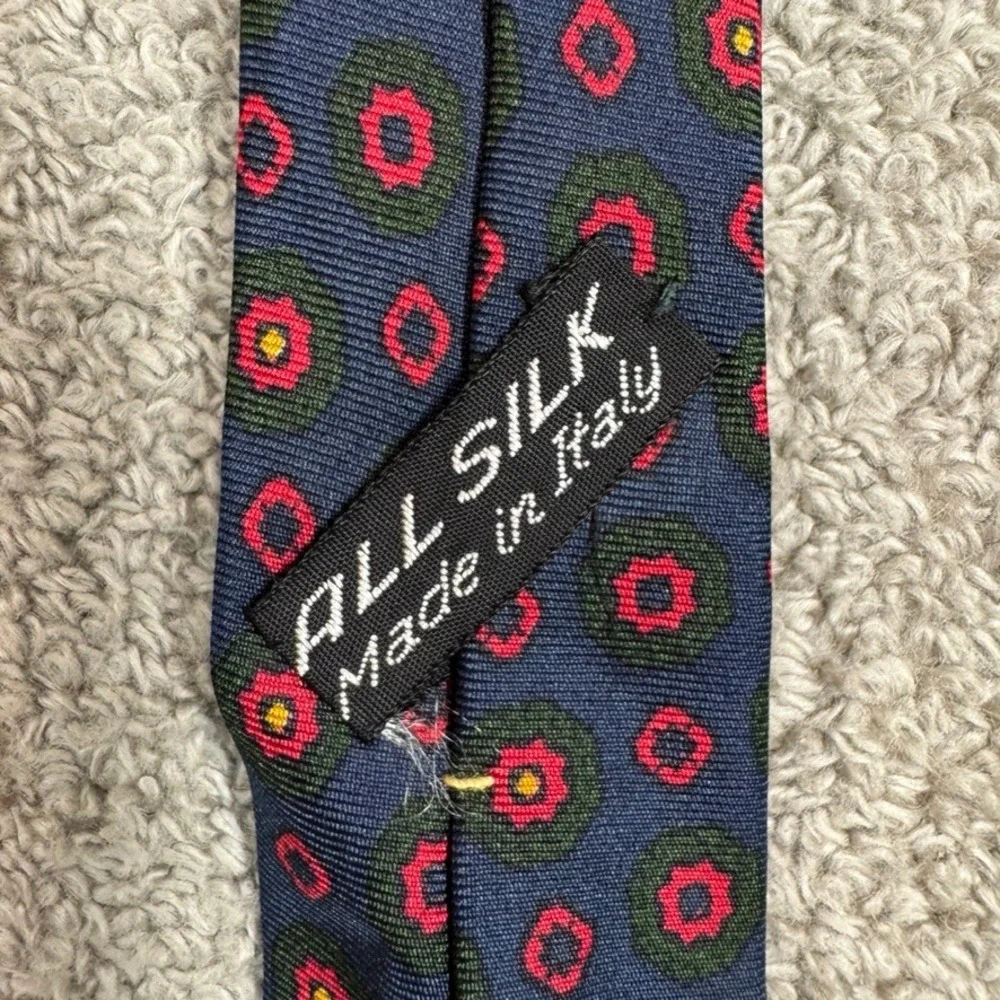 Cantini Firenze Mens Silk Tie Italy Navy Blue Red Green Medallion Geometric 57in